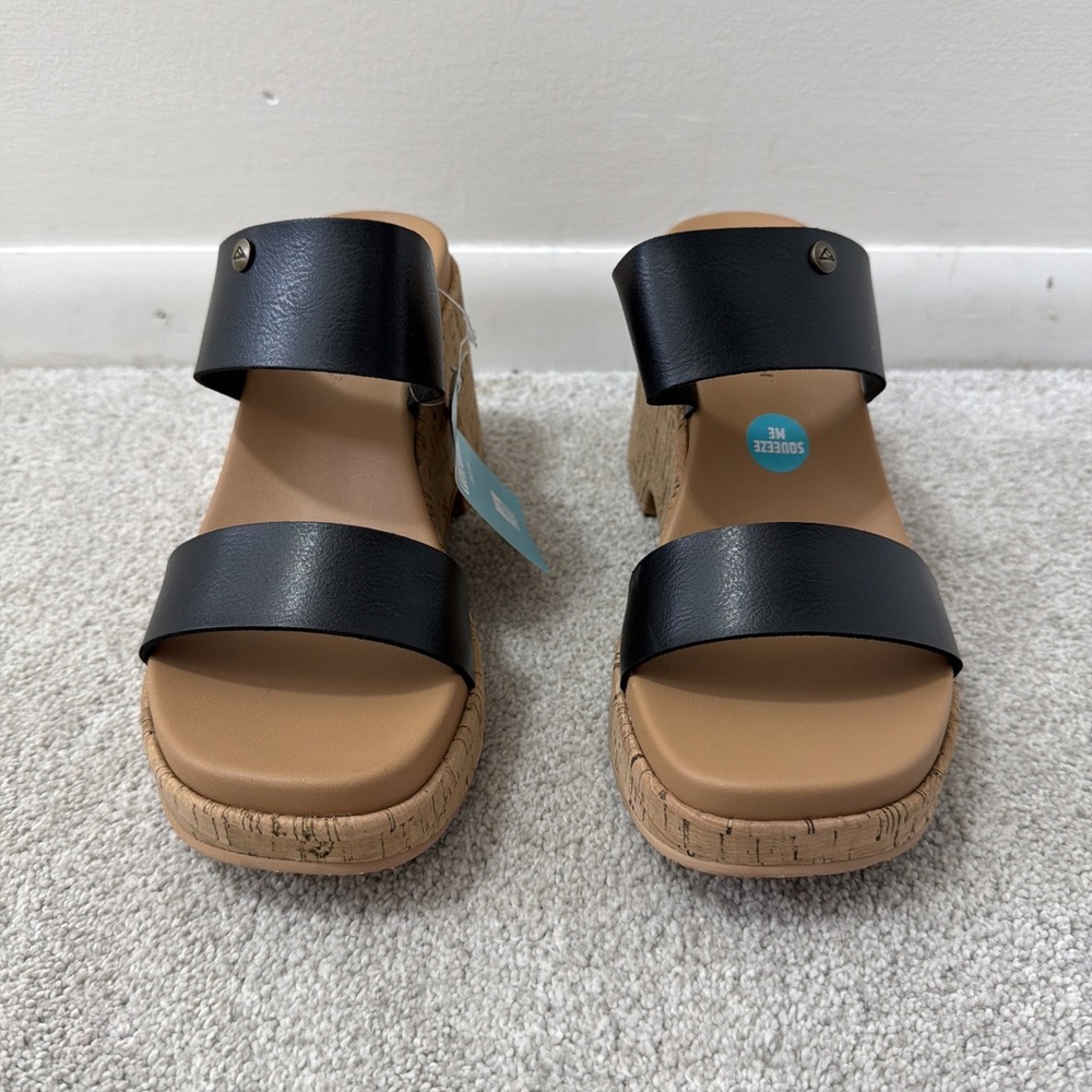 Reef Sunset Ibiza Wedge Sandals Women's Size 9 Black Tan Summer Coastal Straps